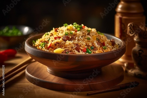 Macro view photography of an exquisite fried rice on a wooden board against a rusted iron background. With generative AI technology