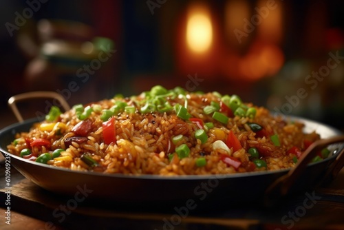 Close-up view photography of a delicious fried rice on a metal tray against a rusted iron background. With generative AI technology