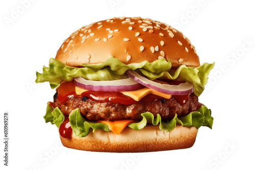 Meat Burger with Crisp Lettuce Onion and Tomato on a Transparent Background. Generative AI