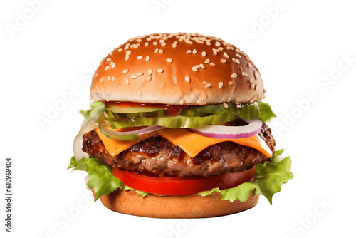 Delectable Meat Burger with Crisp Lettuce Onion and Tomato on a Transparent Background. Generative AI