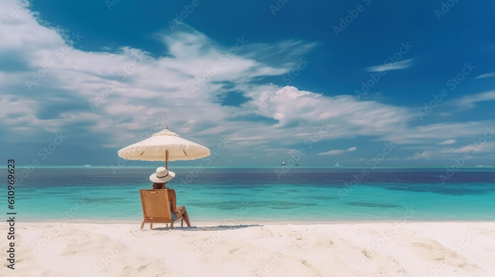 A young woman is sitting on a sunbed under a beach umbrella on the sandy seashore. The sea sand coast. Summer vacation and relaxation at the sea. Generative AI