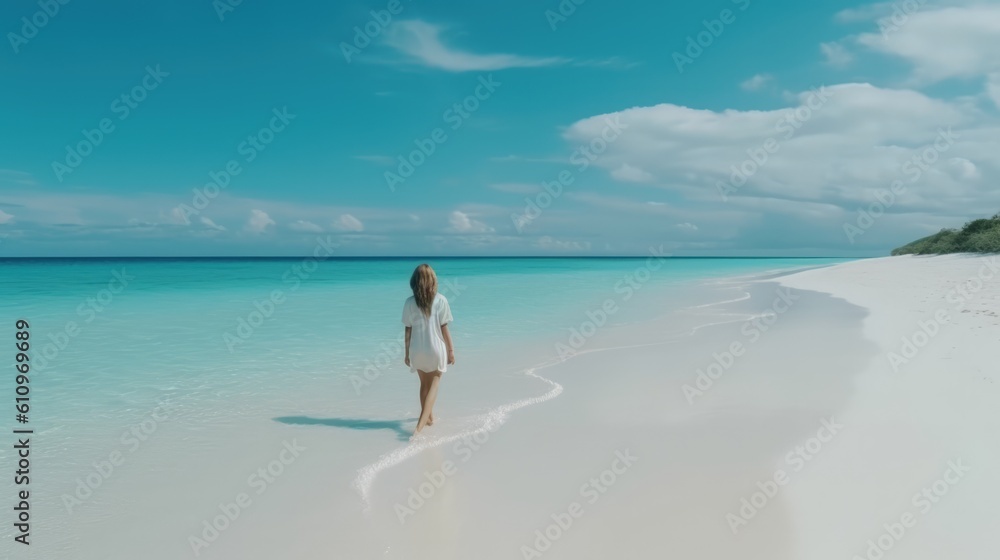 A young woman walks along the sandy seashore. The sea sand coast. Summer vacation and relaxation at the sea. Generative AI A young woman walks along the sandy seashore. The sea sand coast. Summer vacation and relaxation at the sea. Generative AI