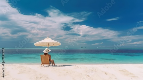 A young woman is sitting on a sunbed under a beach umbrella on the sandy seashore. The sea sand coast. Summer vacation and relaxation at the sea. Generative AI
