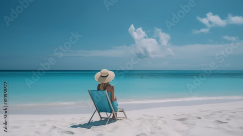 A young woman is sitting on a sunbed under a beach umbrella on the sandy seashore. The sea sand coast. Summer vacation and relaxation at the sea. Generative AI
