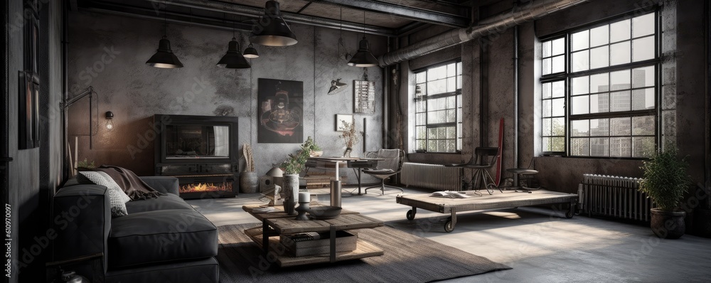 Banner - Living room interior in Loft, industrial style design. Architecture and Real estate, AI generative - obrazy, fototapety, plakaty 