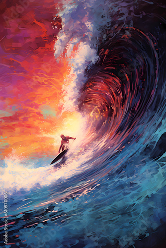 Illustration of a surfer on the background of the ocean