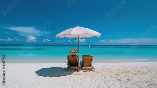 A young woman is sitting on a sunbed under a beach umbrella on the sandy seashore. The sea sand coast. Summer vacation and relaxation at the sea. Generative AI