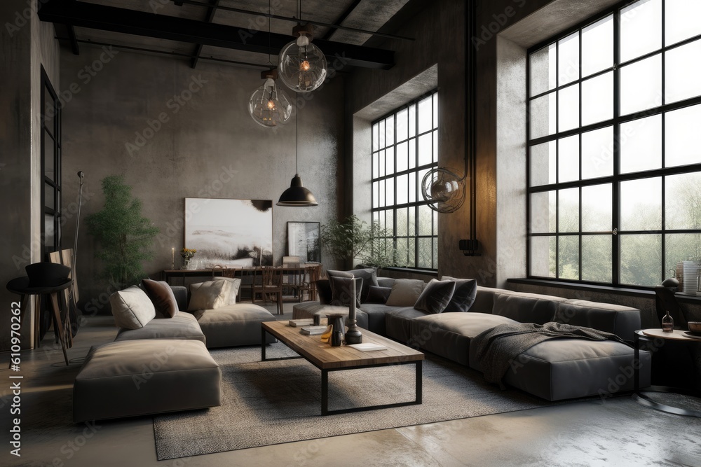 Picture of Living room interior in Loft, industrial style design. Architecture and ...