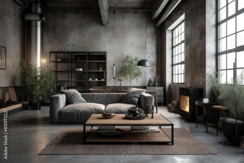 Living room interior in Loft, industrial style design. Architecture and Real estate, AI generative
