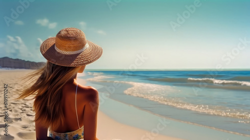 A young woman in a hat looks at the sea standing on the sandy seashore, a view from the back. The sea sand coast. Summer vacation and relaxation at the sea. Generative AI