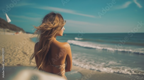 A young woman looks to the side on the sandy seashore, side view. The sea sand coast. Summer vacation and relaxation at the sea. Generative AI ©  AKA-RA