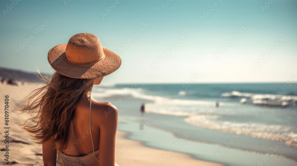 A young woman in a hat looks at the sea standing on the sandy seashore, a view from the back. The sea sand coast. Summer vacation and relaxation at the sea. Generative AI