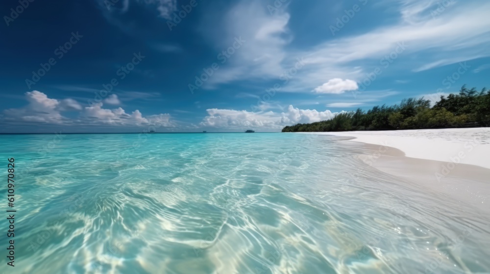 Fototapeta premium Empty sea coast with white sand and wave. The shore of paradise Island. Summer vacation at the sea. Generative AI