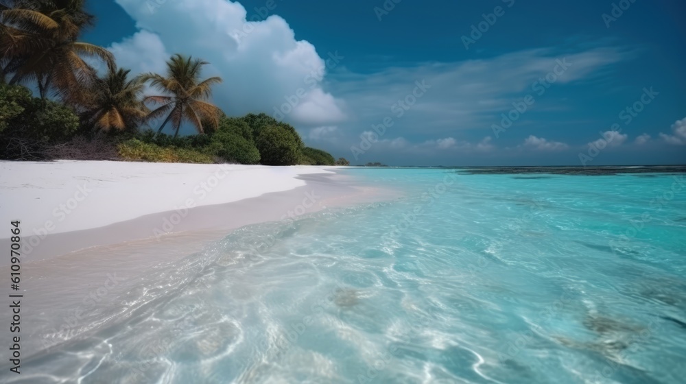 Empty sea coast with white sand and wave. The shore of paradise Island. Summer vacation at the sea. Generative AI