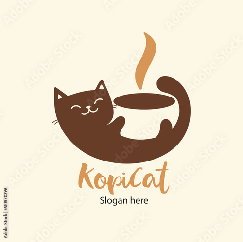 Brown cat cafe graphic style logo in  vector. Logo name: "Catfeteria"