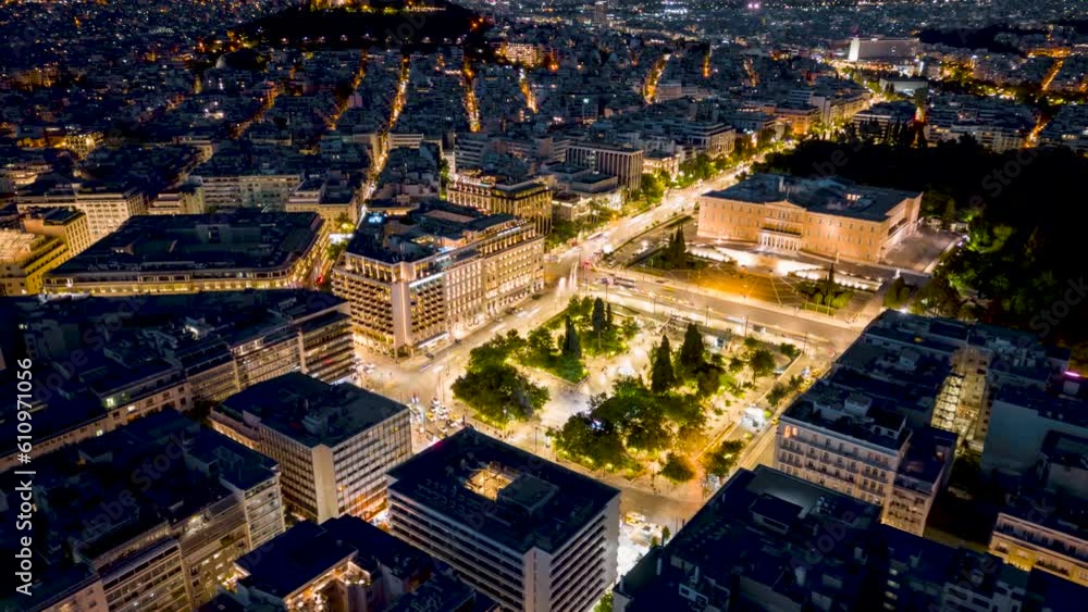 Aerial hyper time lapse view of the Syntagma Square in Athens, Greece, during night, with car traffic light trails