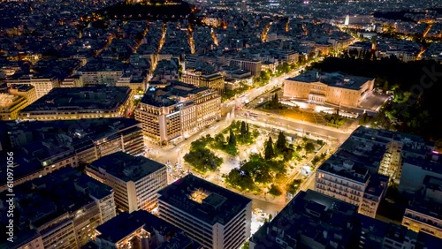 Aerial hyper time lapse view of the Syntagma Square in Athens, Greece, during night, with car traffic light trails photo