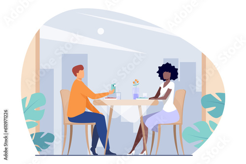 Interracial couple in restaurant together vector illustration. Drawing of Caucasian man taking photo of African American woman at table in cafe, romantic dinner. Love, romance, relationship concept