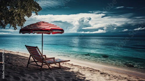 Beach lounger and umbrella on the white sand by the beautiful sea. Exotic palm tree on the sand. White clouds in the sky. Summer vacation and relaxation at the sea. Generative AI