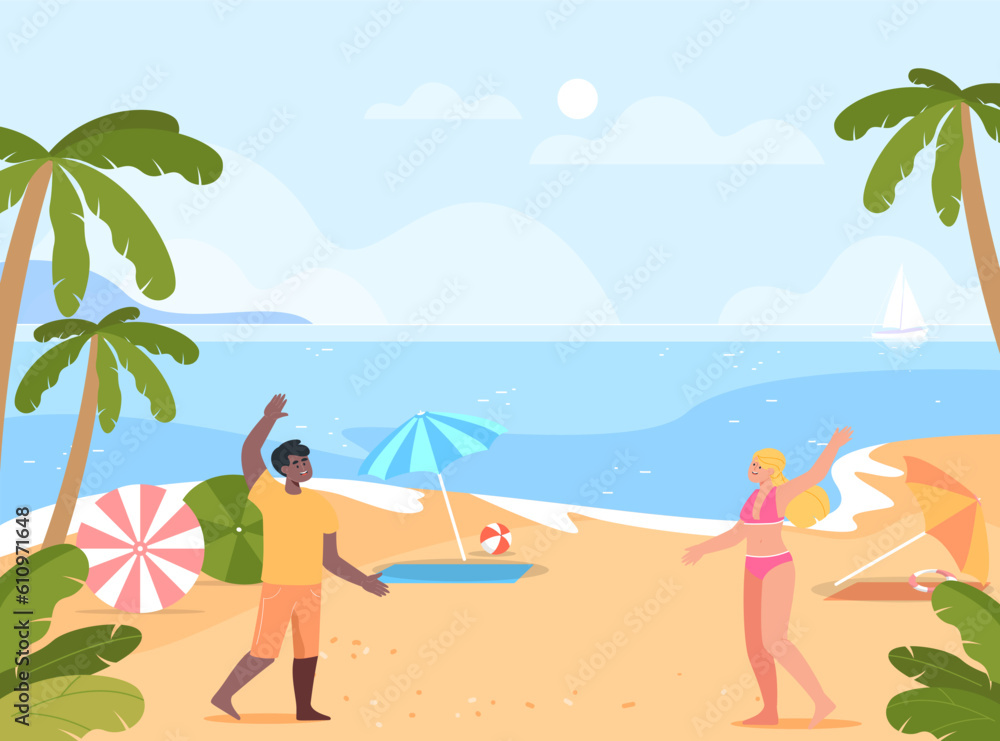 Happy interracial couple greeting on beach vector illustration. African American man waving at Caucasian woman, prevention of infection. Social distancing, relationship, summer concept