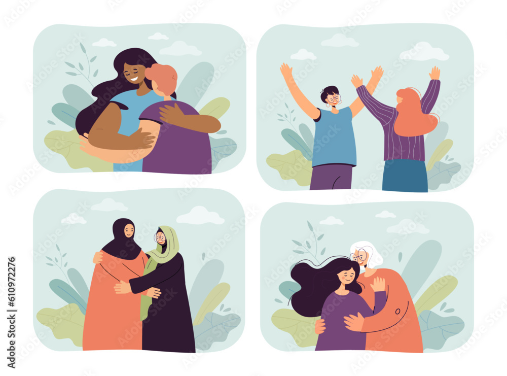 Happy diverse people hugging vector illustrations set. Friends, couples, family members of different race, age and religion cuddling and supporting each other. Diversity, relationship, love concept Happy diverse people hugging vector illustrations set. Friends, couples, family members of different race, age and religion cuddling and supporting each other. Diversity, relationship, love concept