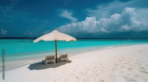 Beach loungers and umbrella on the white sand by the beautiful sea. White clouds in the sky. Summer vacation and relaxation at the sea. Generative AI
