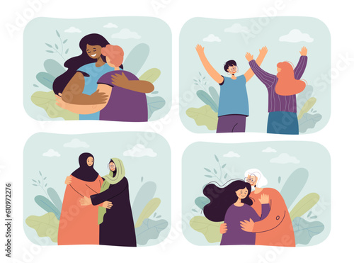 Happy diverse people hugging vector illustrations set. Friends, couples, family members of different race, age and religion cuddling and supporting each other. Diversity, relationship, love concept