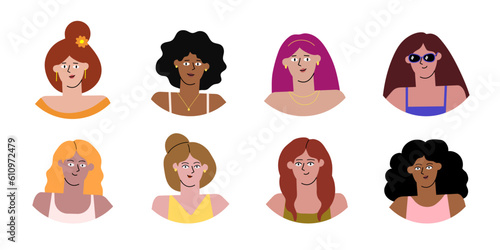 Girl faces set. Women icons for social networks. Different diversified avatars various people. Flat cartoony style, minimalism. Isolated.Vector illustration