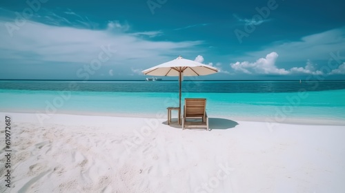 Beach lounger and umbrella on the white sand by the beautiful sea. White clouds in the sky. Summer vacation and relaxation at the sea. Generative AI