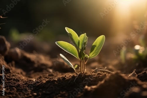 The concept of a green planet. A small seedling illuminated by the sun in the ground. Generate Ai. Generative AI