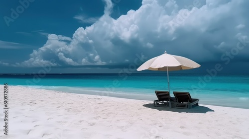 Beach loungers and umbrella on the white sand by the beautiful sea. White clouds in the sky. Summer vacation and relaxation at the sea. Generative AI