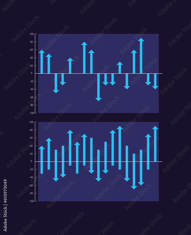 Ups and downs arrows infographic chart design template set for dark theme. Business analytics. Visual data presentation. Editable bar graphs collection. Myriad Pro-Bold, Regular fonts used