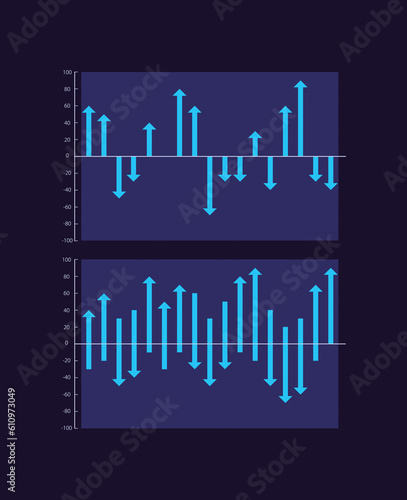 Ups and downs arrows infographic chart design template set for dark theme. Business analytics. Visual data presentation. Editable bar graphs collection. Myriad Pro-Bold, Regular fonts used