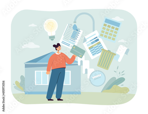 Woman paying utility bills with credit card vector illustration. Cartoon drawing of female character paying for water, electricity consumption, garbage, household expenses. Household, payment concept
