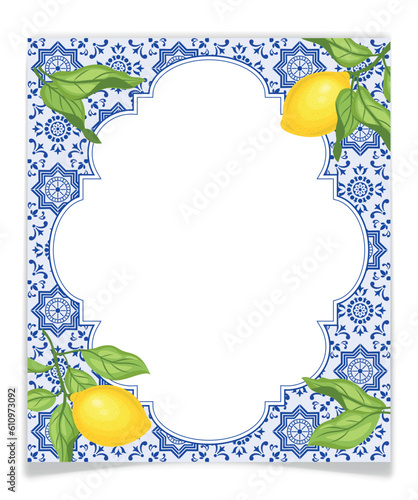 Frame with blue tiles and lemon branches, vector.