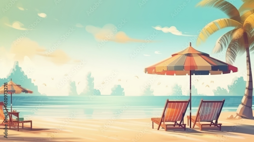 Fototapeta premium Illustration of the beach. A beach lounger and an umbrella on the shore of a beautiful sea. Exotic palm trees on the sand. Summer vacation and relaxation at the sea. Generative AI