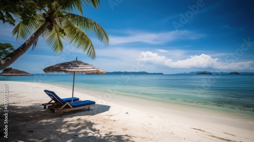 Beach lounger and umbrella on the shore of the beautiful sea, evening sunset. Exotic palm trees on white sand. Summer vacation and relaxation at the sea. Generative AI