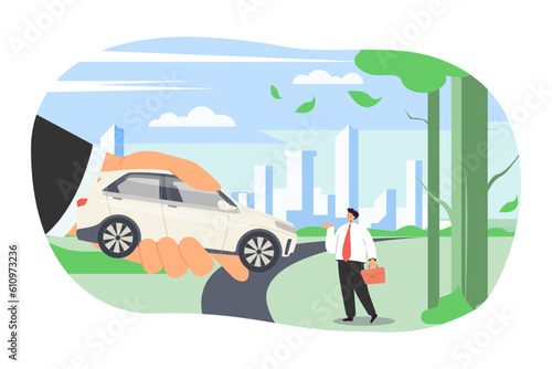Huge hand of car dealer offering automobile to businessman. Tiny man buying or renting vehicle vector illustration. Car rental, transport, transportation, dealership concept