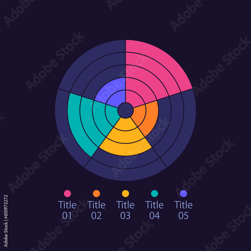 Concentric circle infographic diagram design template for dark theme. Five pies. Editable multi layered infochart with different values. Visual data presentation. Myriad Pro-Bold, Regular fonts used