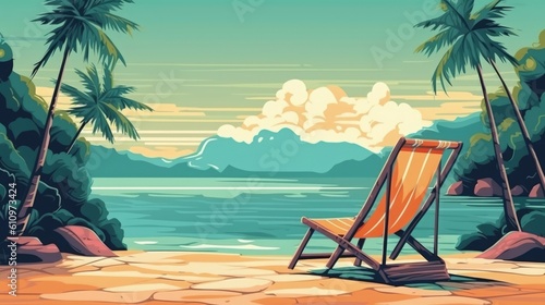 Illustration of the beach. A beach lounger on the shore of a beautiful sea. Exotic palm trees on the sand. Summer vacation and relaxation at the sea. Generative AI