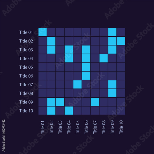 Plotting grid infographic chart design template for dark theme. Project schedule. Editable squares infochart with ten options. Visual data presentation. Myriad Pro-Bold, Regular fonts used