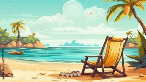 Illustration of the beach. A beach lounger on the shore of a beautiful sea. Exotic palm trees on the sand. Summer vacation and relaxation at the sea. Generative AI ©  AKA-RA