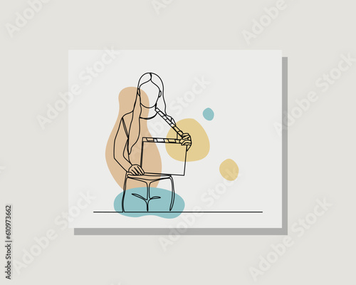 Continuous single one line art drawing of person holding film movie clapper board producer director film maker in boho style design vector illustration