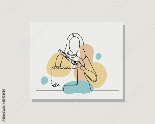 Continuous single one line art drawing of person holding film movie clapper board producer director film maker in boho style design vector illustration