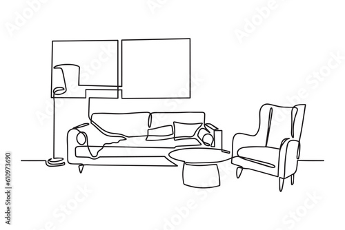 Continuous one line drawing of Sofa with lamp lampshade. Modern and furniture in simple Linear style. Doodle vector illustration. Vector illustration