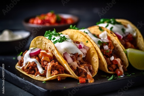 Close-up view photography of a delicious tacos on a marble slab against a rusted iron background. With generative AI technology