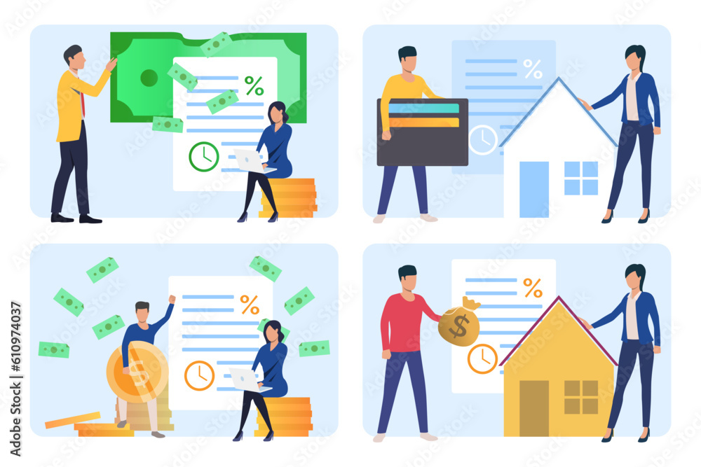 People managing personal finances vector illustrations set. Cartoon drawings of man and woman paying loans, utility bills, taxes or mortgage, managing family budget. Finances, economy, banking concept