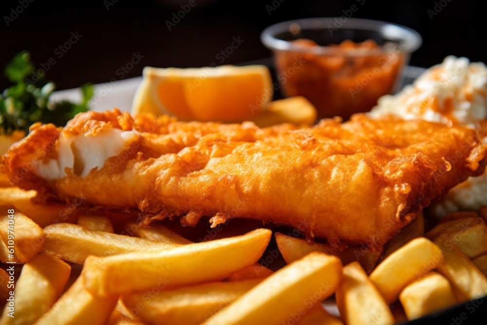 Macro detail close-up photography of a juicy fish and chips on a porcelain platter against a polished metal background. With generative AI technology Macro detail close-up photography of a juicy fish and chips on a porcelain platter against a polished metal background. With generative AI technology