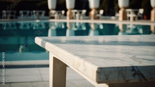 An empty marble countertop on the background of the pool. Can be used to showcase products. Summer vacation and relaxation. Generative AI