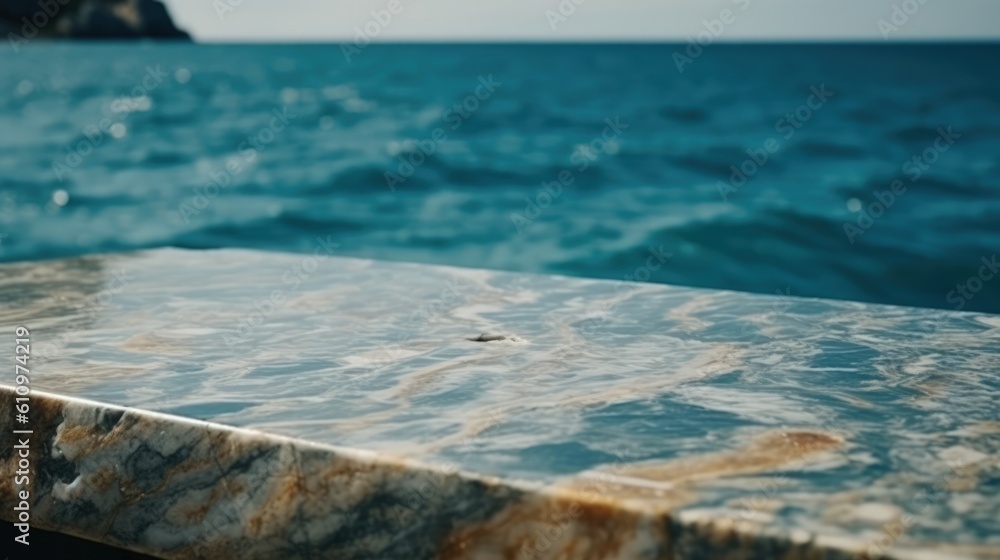 An empty white marble countertop against a blue sea background. Can be used to showcase products. Summer vacation by the sea, seascape. Generative AI